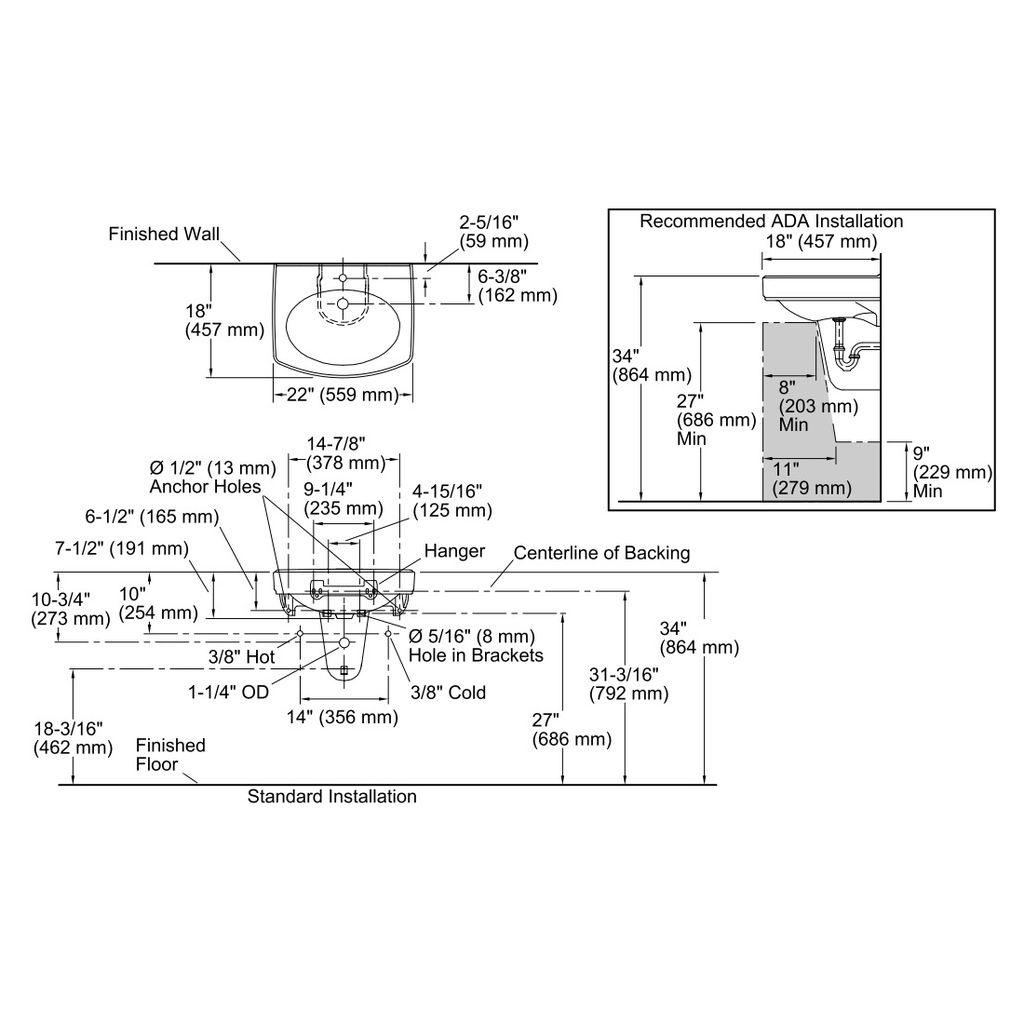 Kohler 2035 1 0 Pinoir 22X18 Shroud Lav Ctr Hl   Kohler 2035 1 0 Pinoir Wall Mount Lavatory With Single Hole Faucet Drilling 2